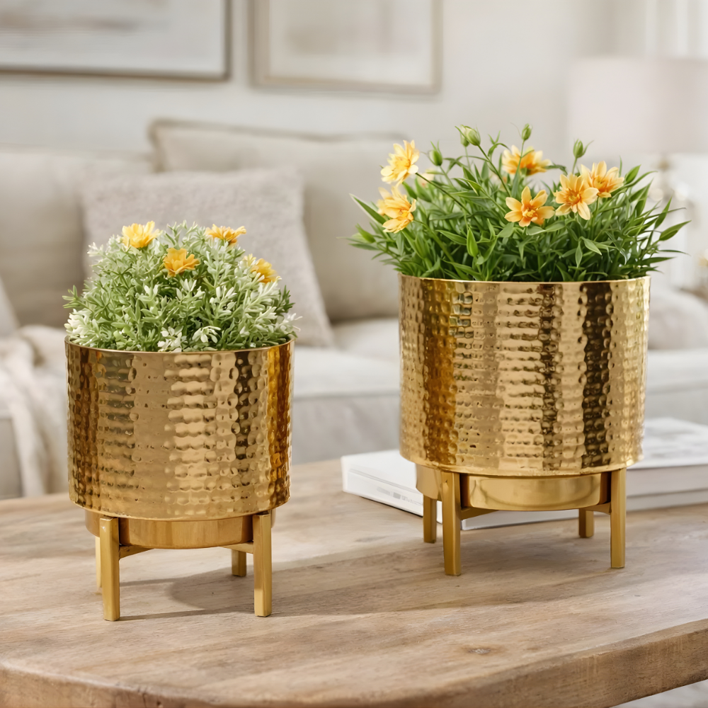 Hammered Gold Metal Planter with Stand (Set of 2)– Modern Decorative Indoor Plant Pot for Tabletop & Living Room Décor