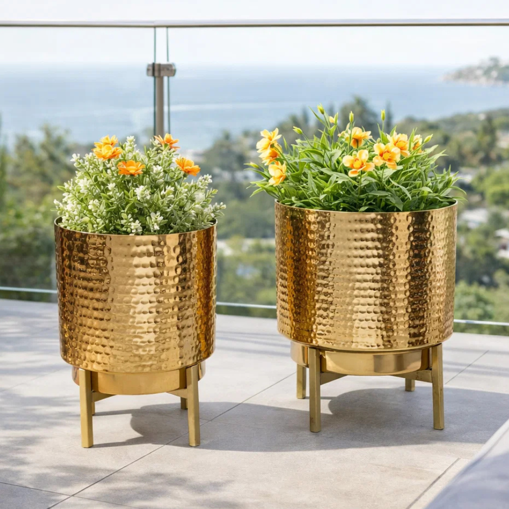 Hammered Gold Metal Planter with Stand (Set of 2)– Modern Decorative Indoor Plant Pot for Tabletop & Living Room Décor