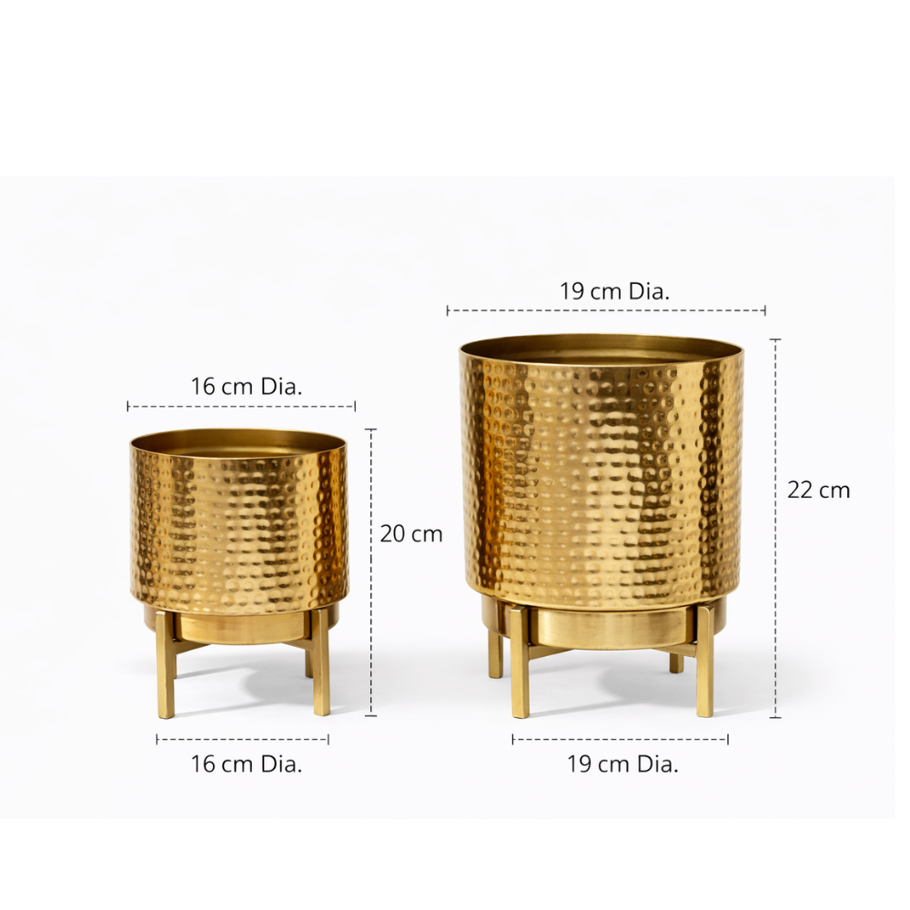 Hammered Gold Metal Planter with Stand (Set of 2)– Modern Decorative Indoor Plant Pot for Tabletop & Living Room Décor