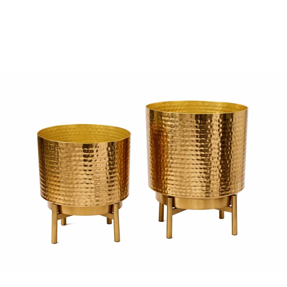 Hammered Gold Metal Planter with Stand (Set of 2)– Modern Decorative Indoor Plant Pot for Tabletop & Living Room Décor