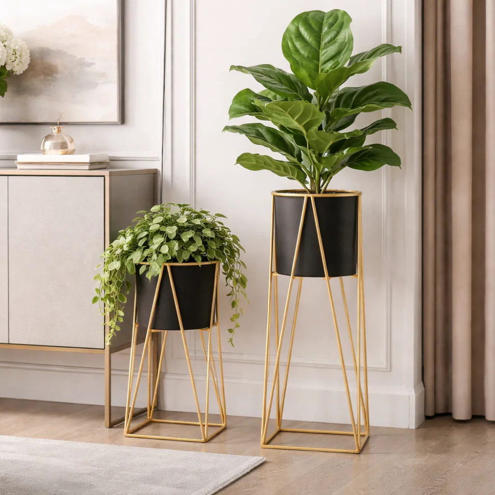 Set of 2 Modern Metal Plant Stands with Pots – Black & Gold Indoor Floor Planter Stand for Living Room Décor