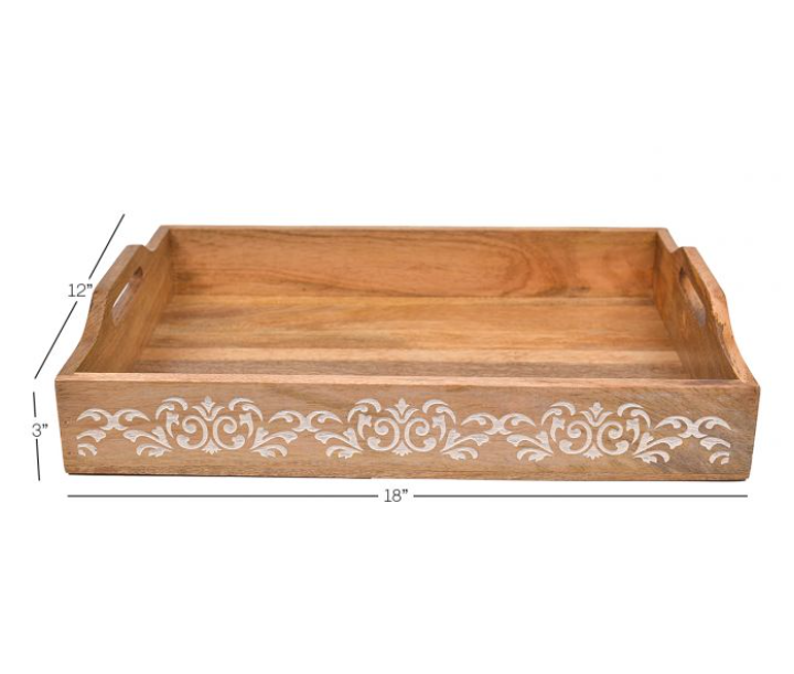 White Floral Carving Serving Tray - Nestern