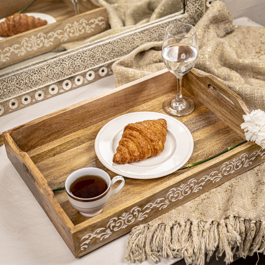 White Floral Carving Serving Tray - Nestern