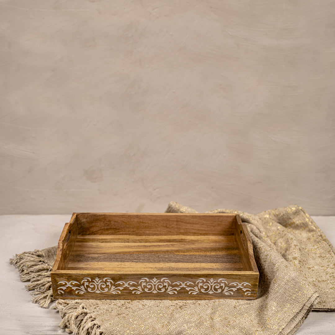 White Floral Carving Serving Tray - Nestern