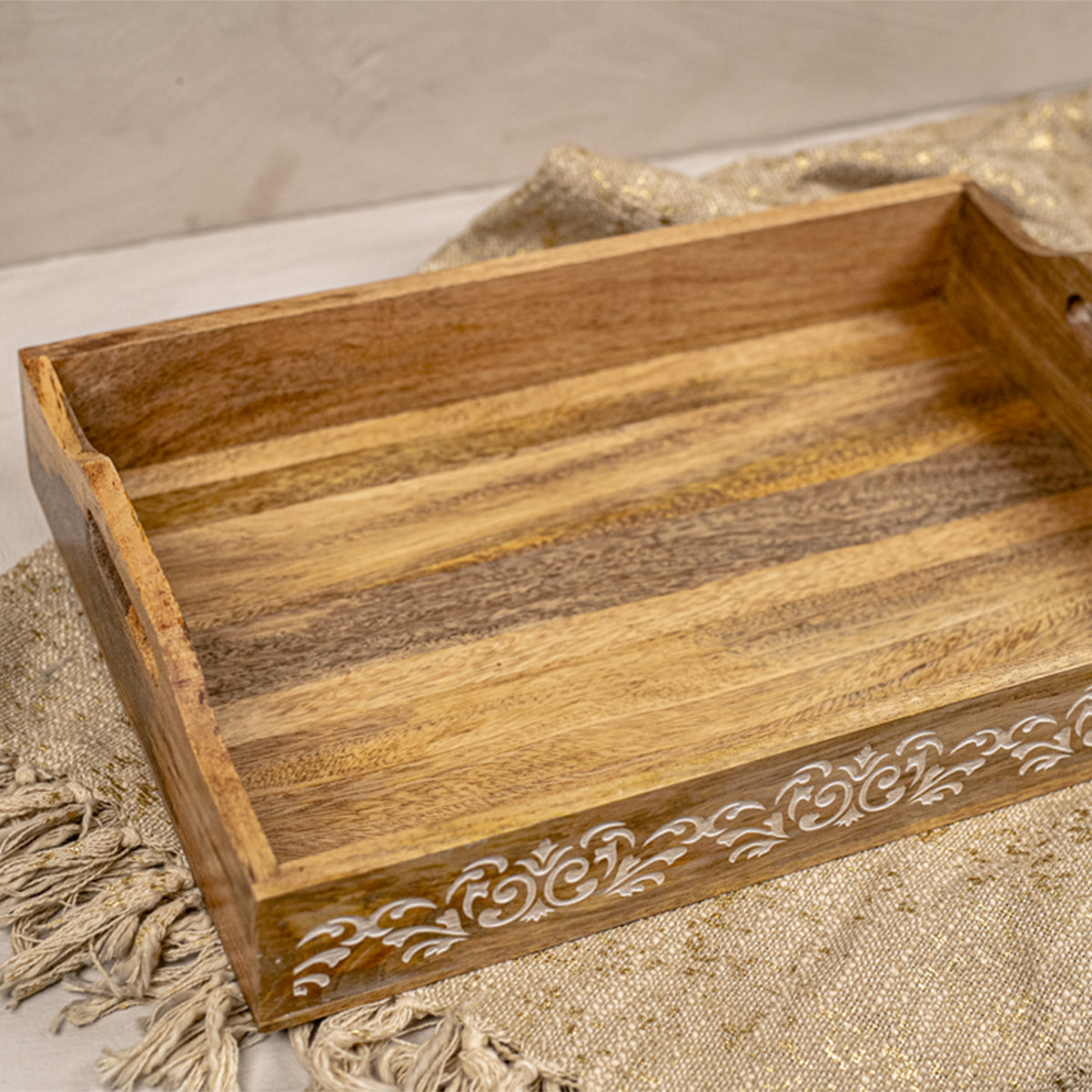White Floral Carving Serving Tray - Nestern