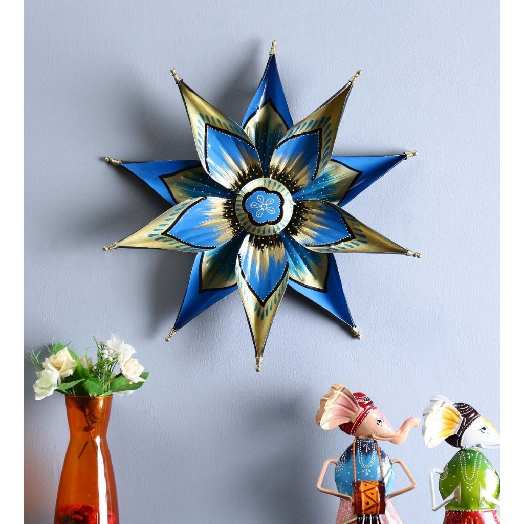 Artisanal Metal Wall Art in Blue & Gold Floral Design – 17-Inch Decorative Star - Nestern