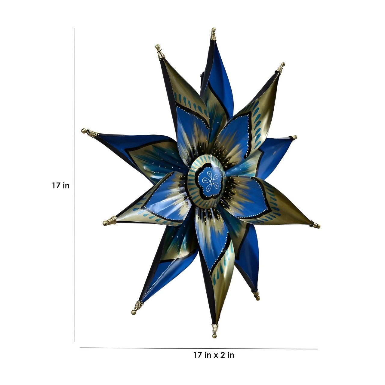 Artisanal Metal Wall Art in Blue & Gold Floral Design – 17-Inch Decorative Star - Nestern