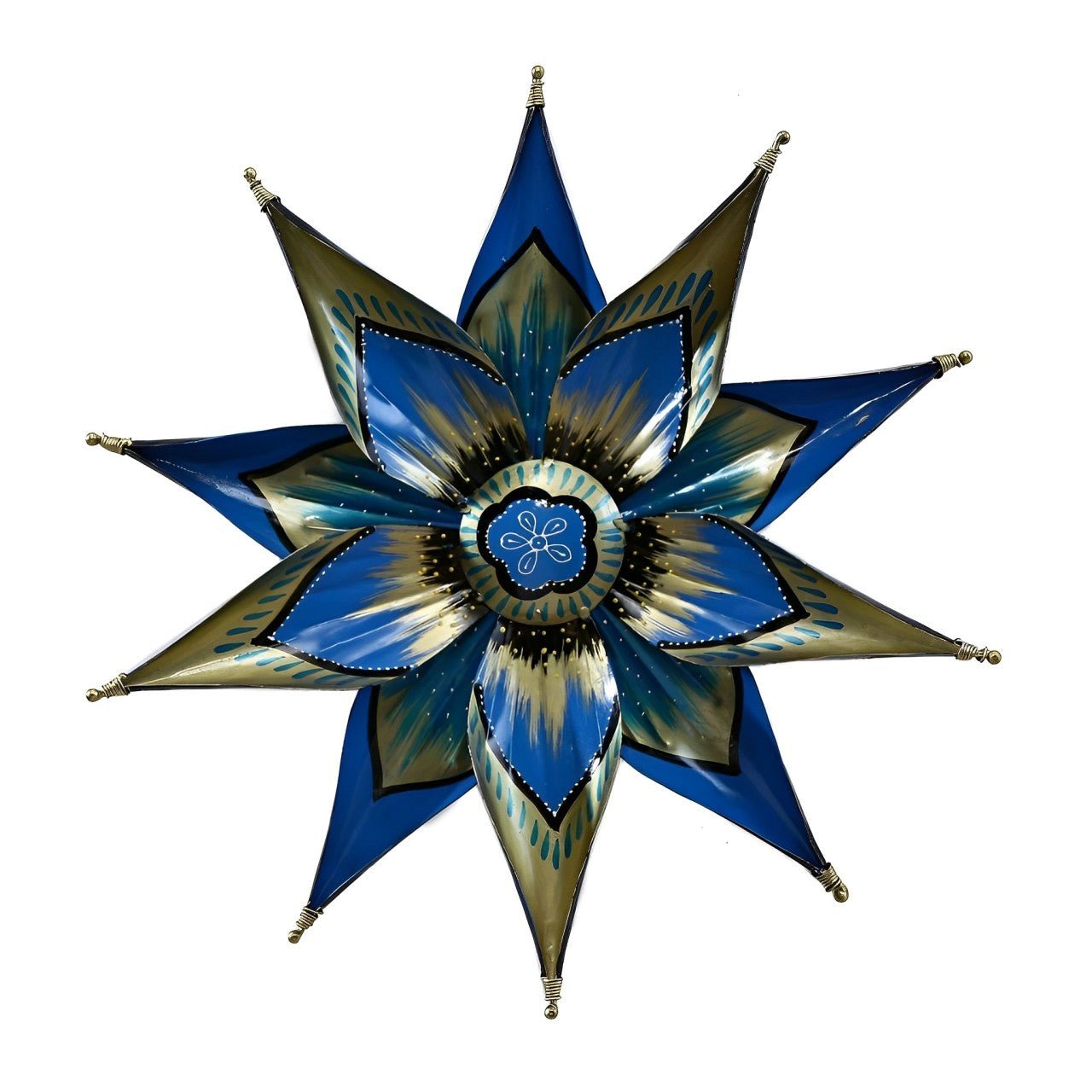 Artisanal Metal Wall Art in Blue & Gold Floral Design – 17-Inch Decorative Star - Nestern