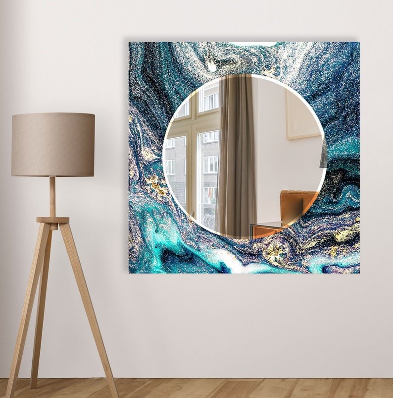 Blue Framed Square Mirror with Circular Center – Elegant and Unique - Nestern