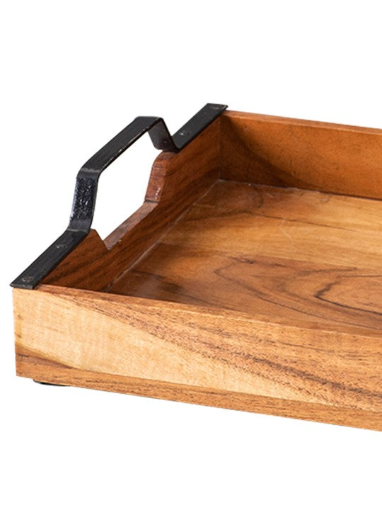 Sheesham Wood Serving Tray with Black Metal Handles - Nestern
