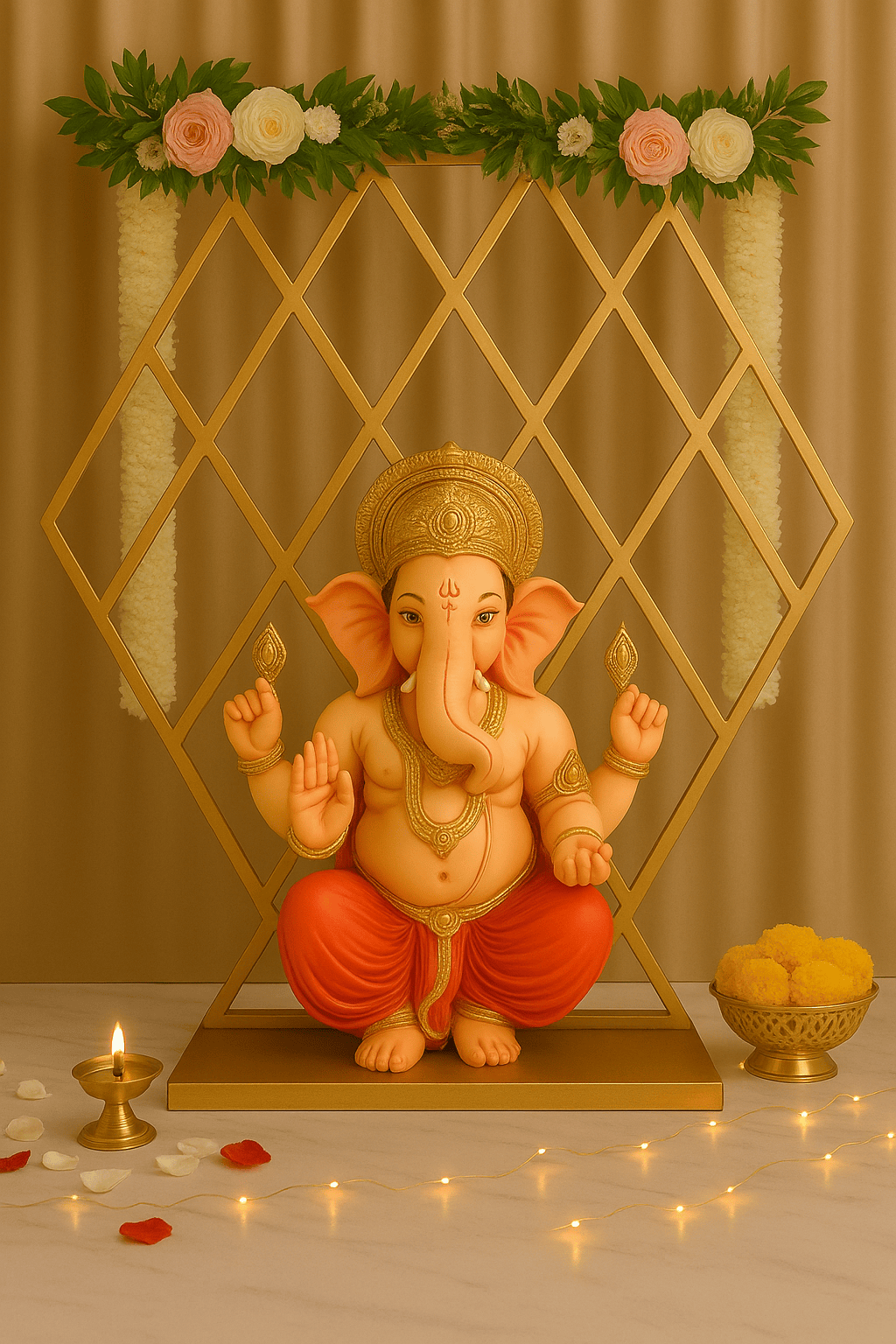 Geometric Diamond Frame Gold Pooja Metal Stand for Decor