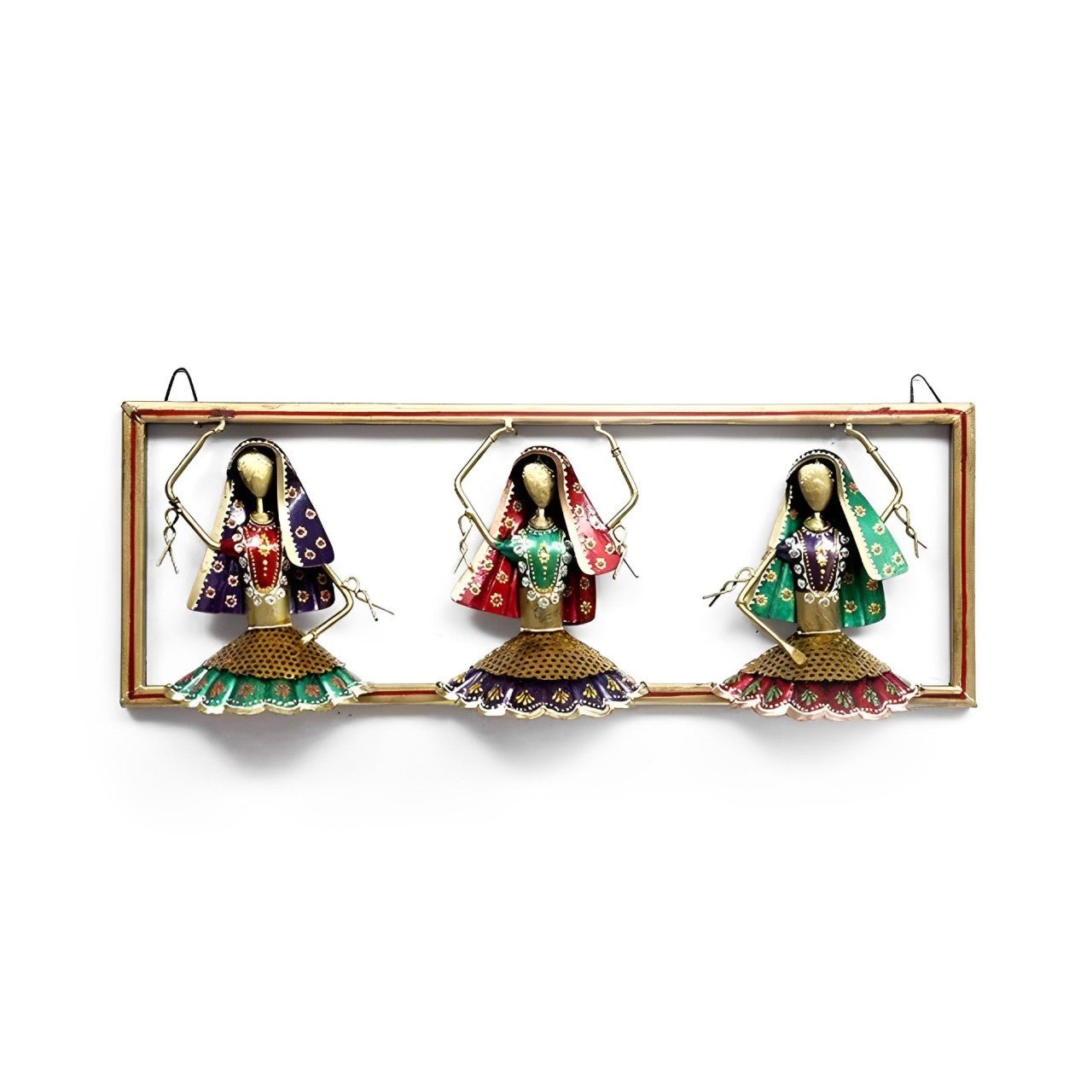 Colorful Rajasthani Folk Dancers Decor - Handcrafted Iron Wall Art of Dancing Women - Nestern