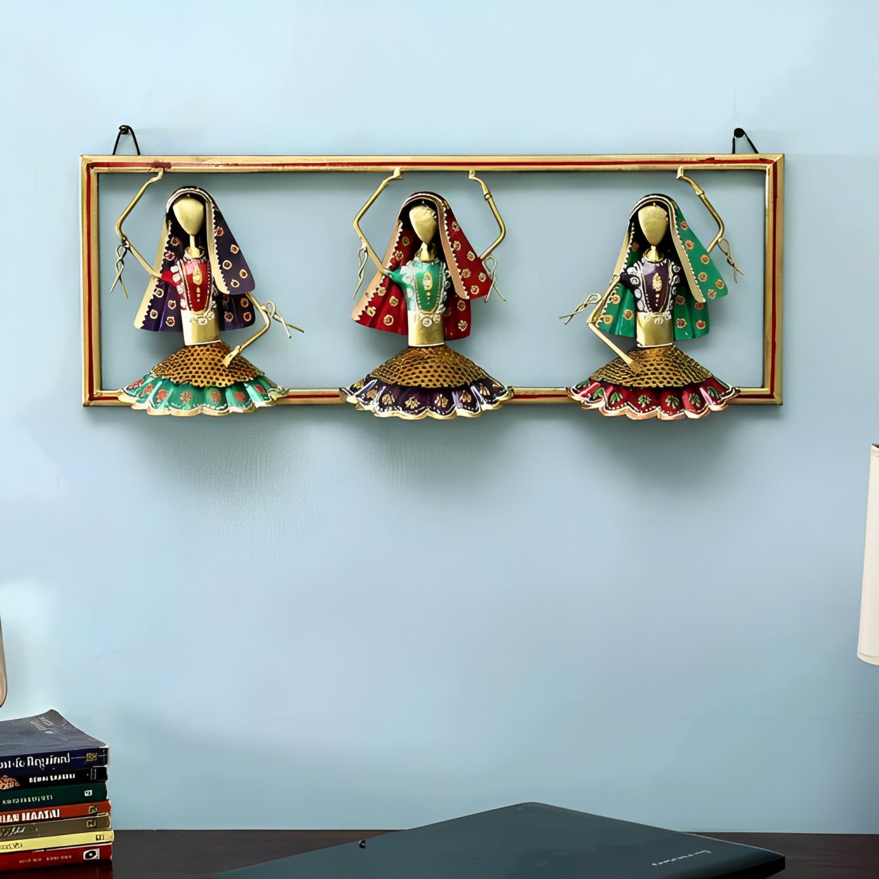 Colorful Rajasthani Folk Dancers Decor - Handcrafted Iron Wall Art of Dancing Women - Nestern
