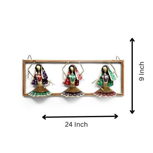 Colorful Rajasthani Folk Dancers Decor - Handcrafted Iron Wall Art of Dancing Women - Nestern