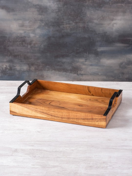 Sheesham Wood Serving Tray with Black Metal Handles - Nestern