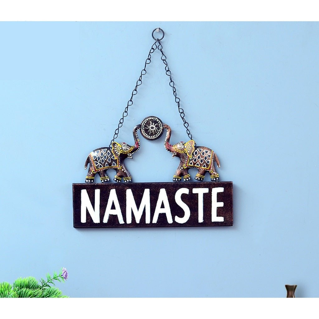 Decorative Metal "Namaste" Hanging Sign with Elephant Design – Welcome Wall Décor - Nestern