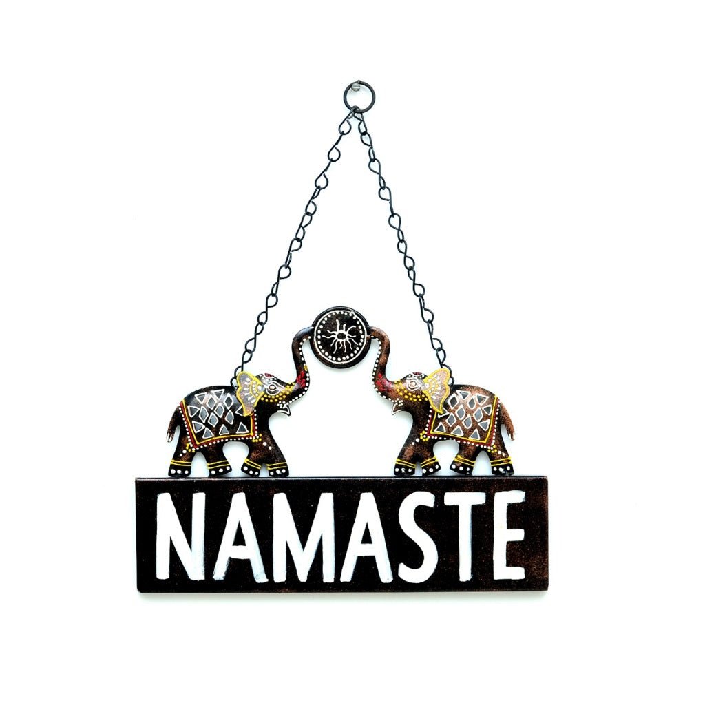 Decorative Metal "Namaste" Hanging Sign with Elephant Design – Welcome Wall Décor - Nestern