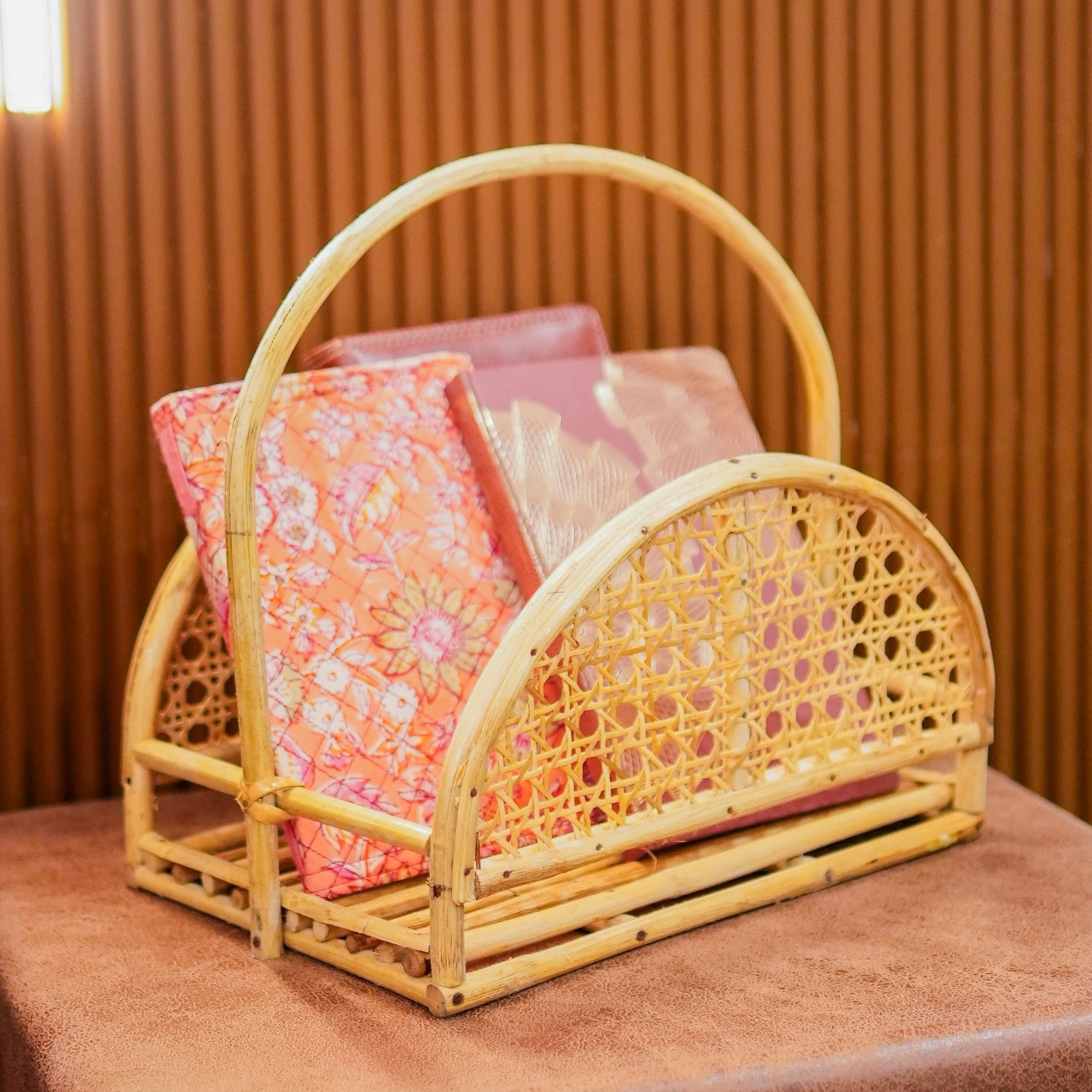 Handcrafted Rattan books Holder with Handle for Home Storage