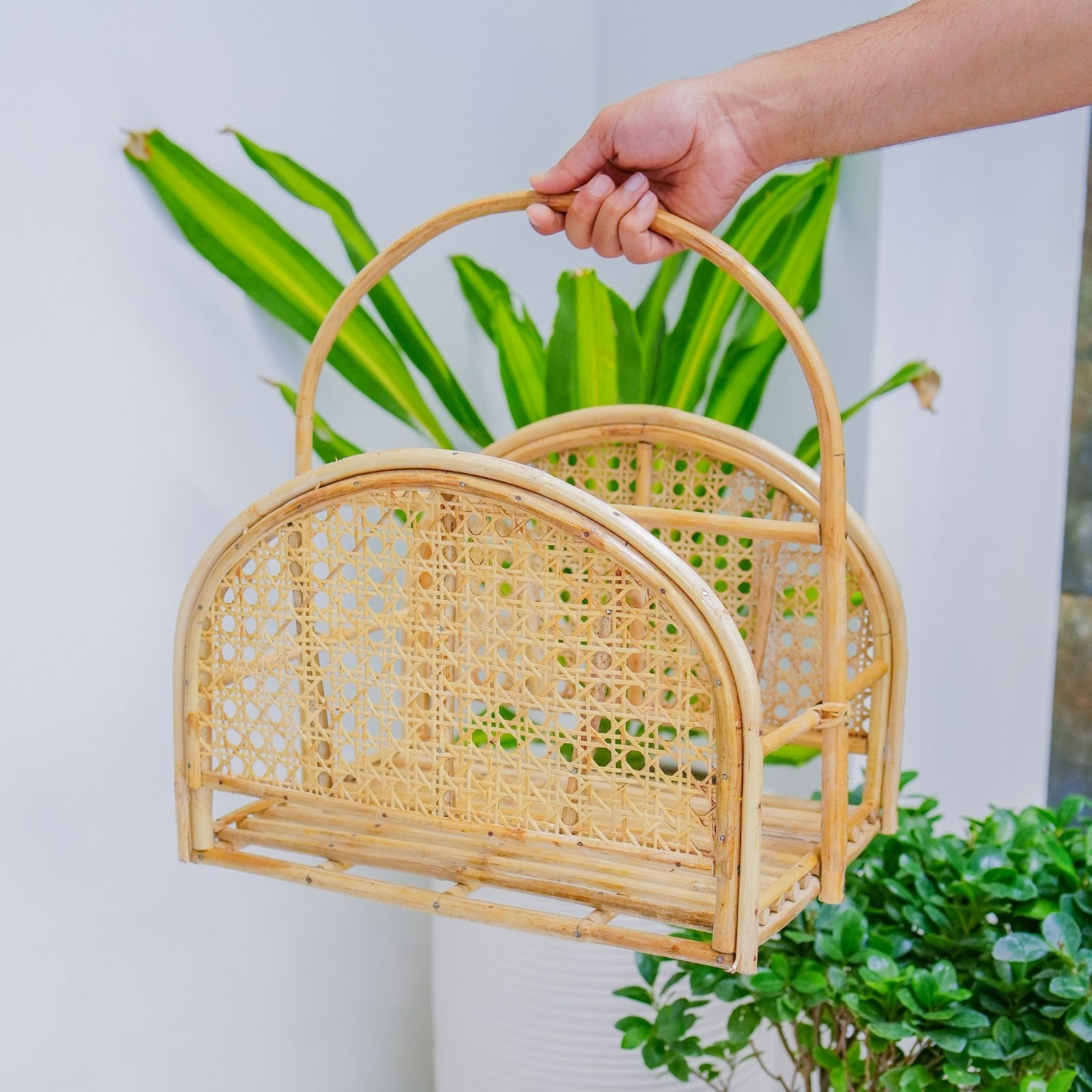 Handmade Rattan Cane Magazine Holder with Handle for Home Decor