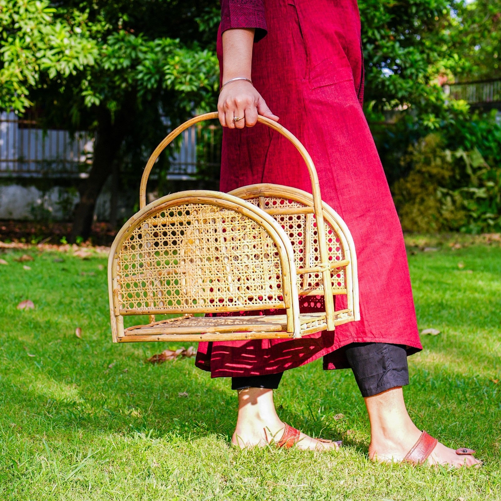 Handmade Rattan Cane Magazine Holder with Handle for Home Decor
