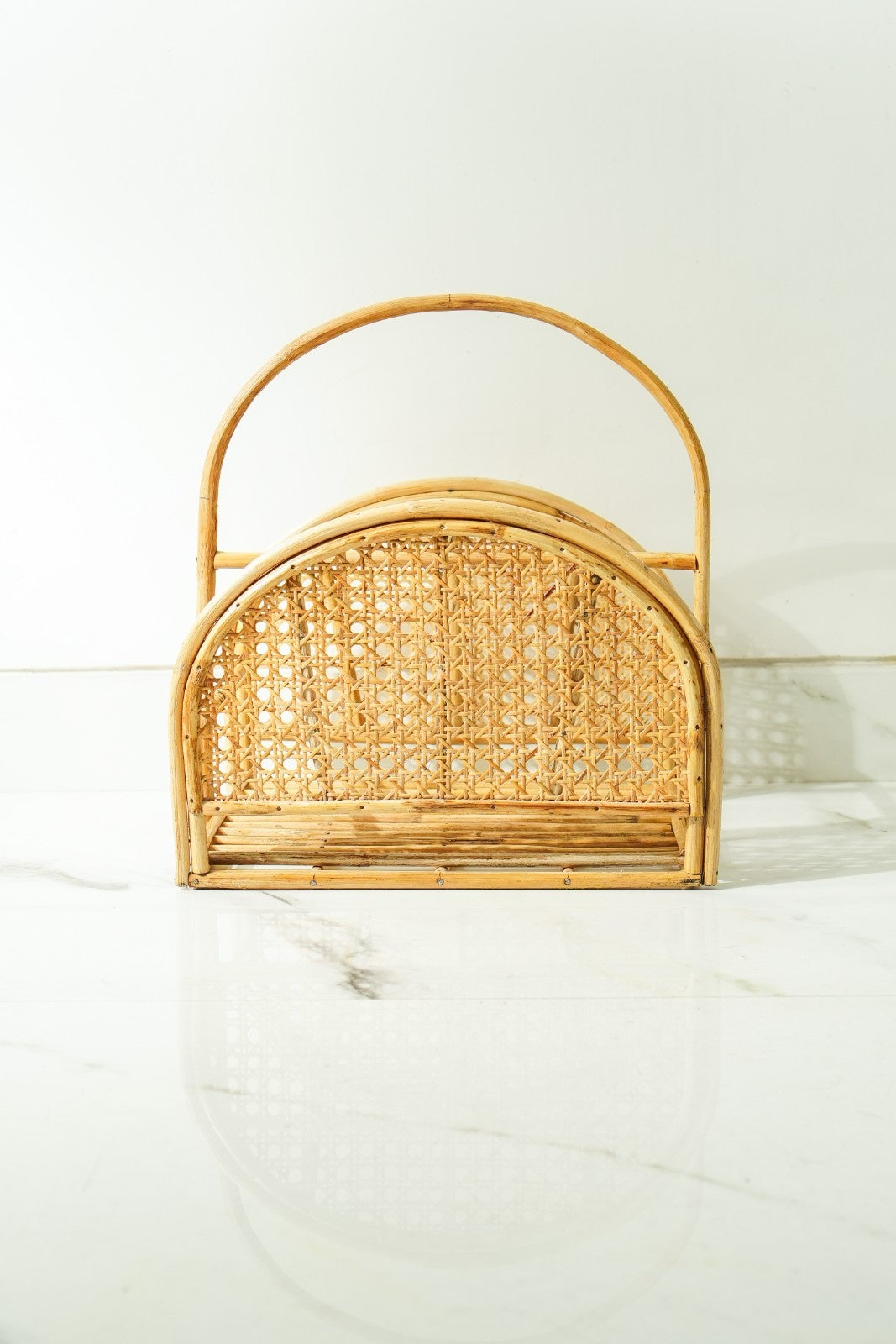 Handmade Rattan Cane Magazine Holder with Handle for Home Decor