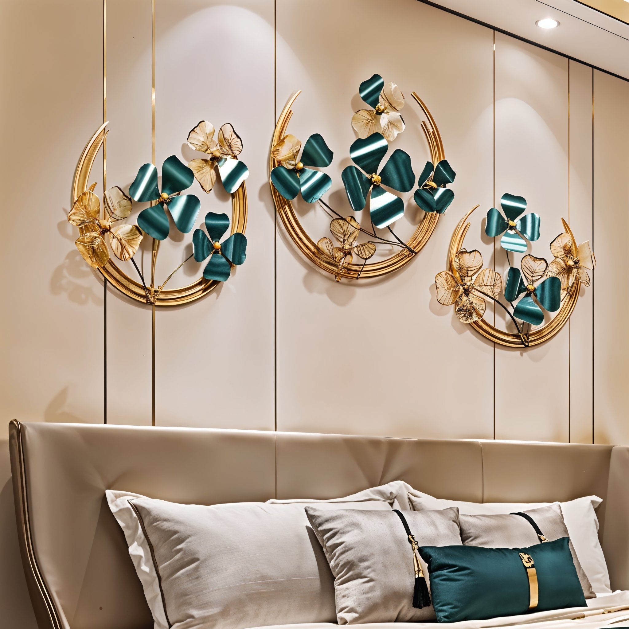 Luxury Gold & Teal Metal Floral Wall Art