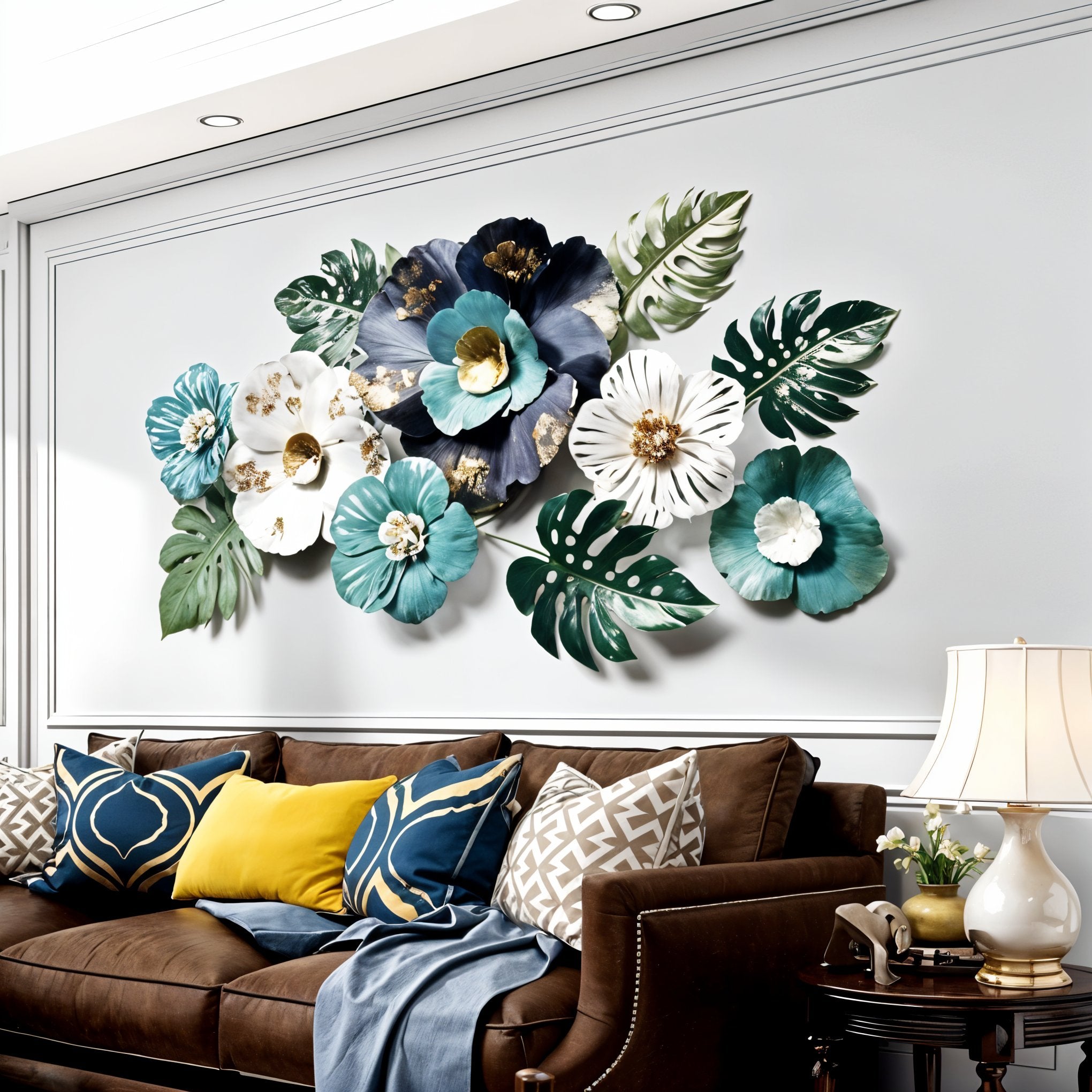 Tropical Metal Floral Wall Art – Teal, White & Gold Décor