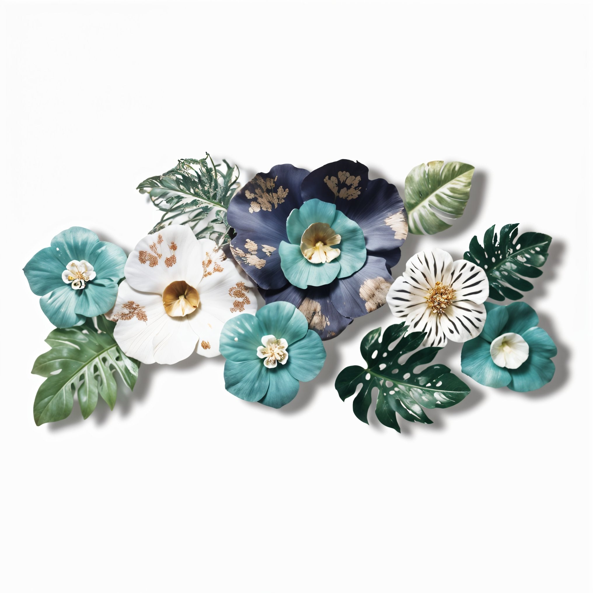 Tropical Metal Floral Wall Art – Teal, White & Gold Décor