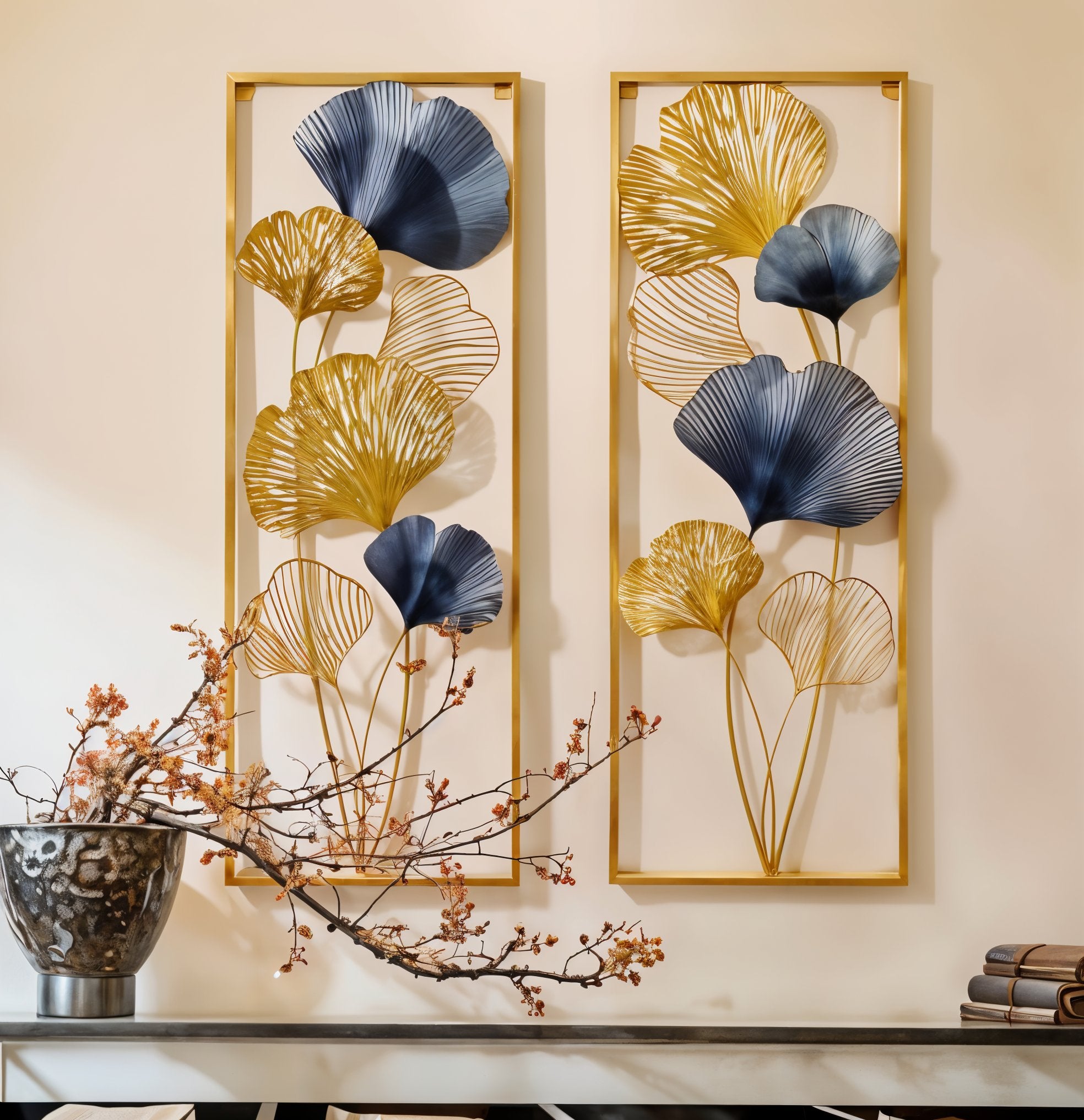 Modern Gold & Blue Ginkgo Leaf Wall Art
