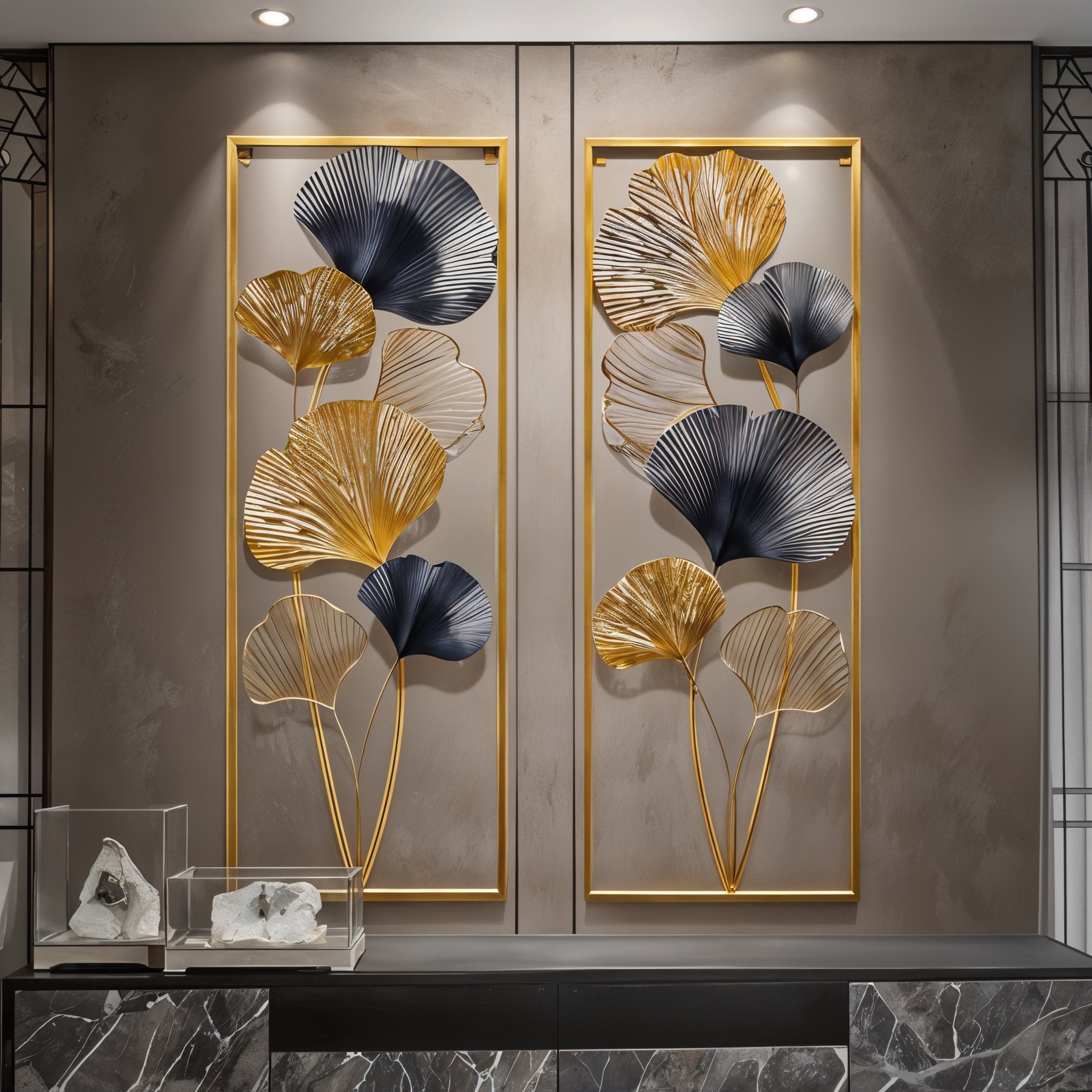 Modern Gold & Blue Ginkgo Leaf Wall Art