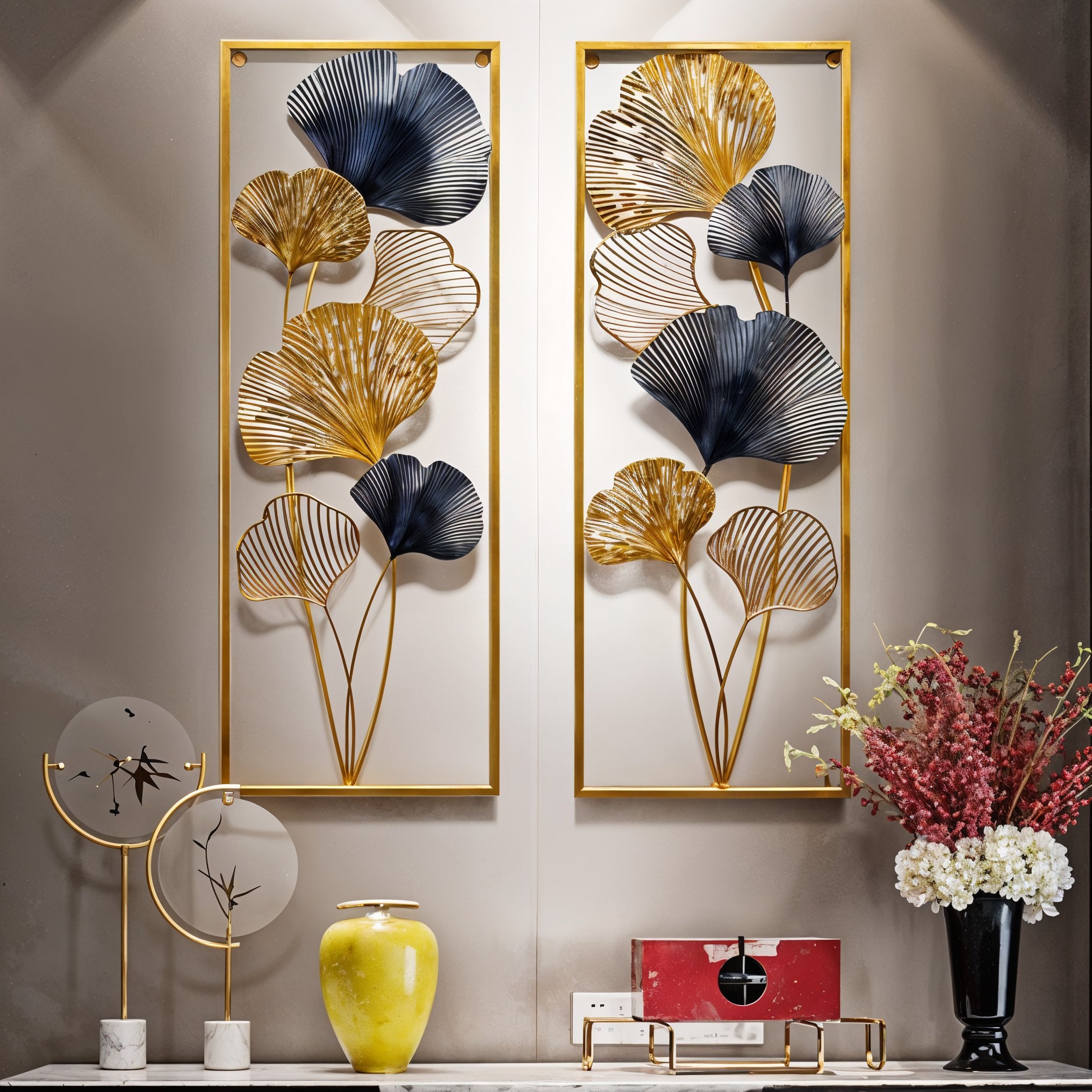 Modern Gold & Blue Ginkgo Leaf Wall Art