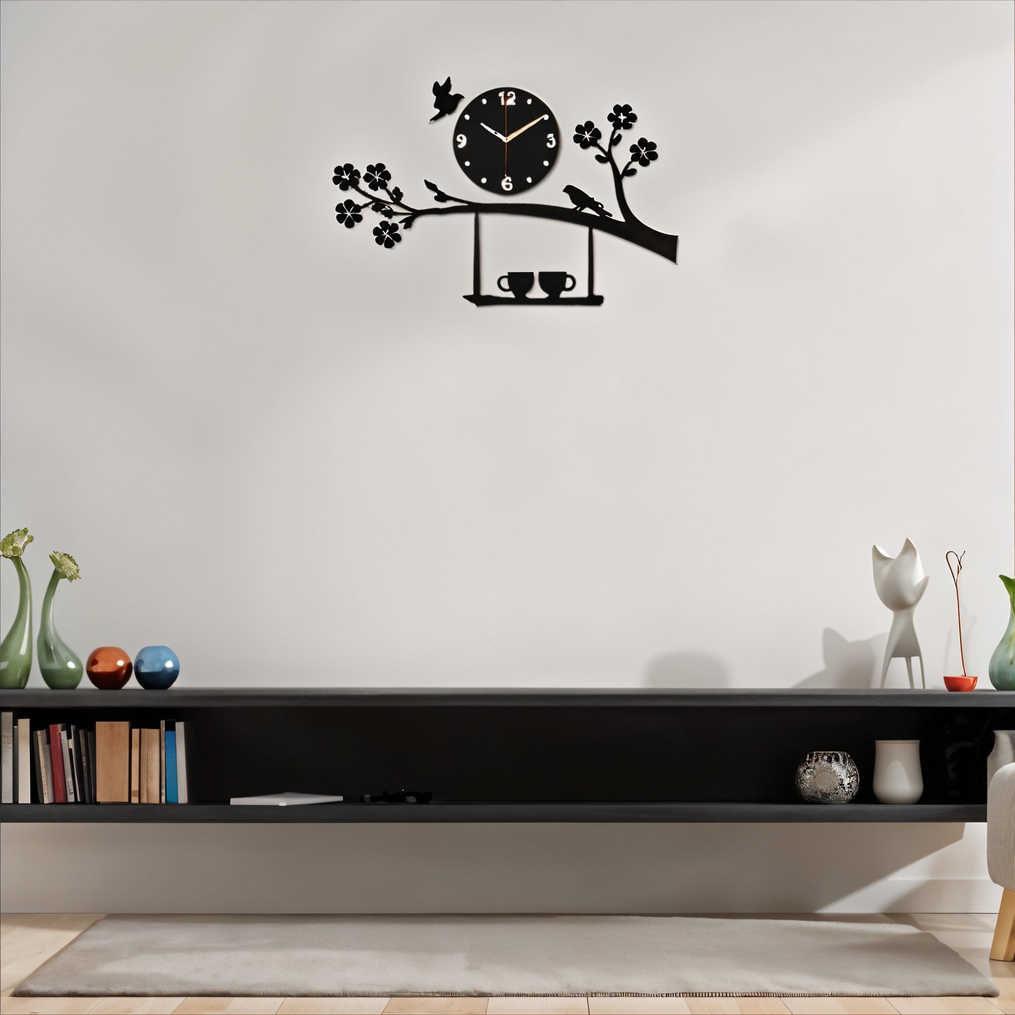 Birds & Blossoms Wall Clock with Cup Shelf Design
