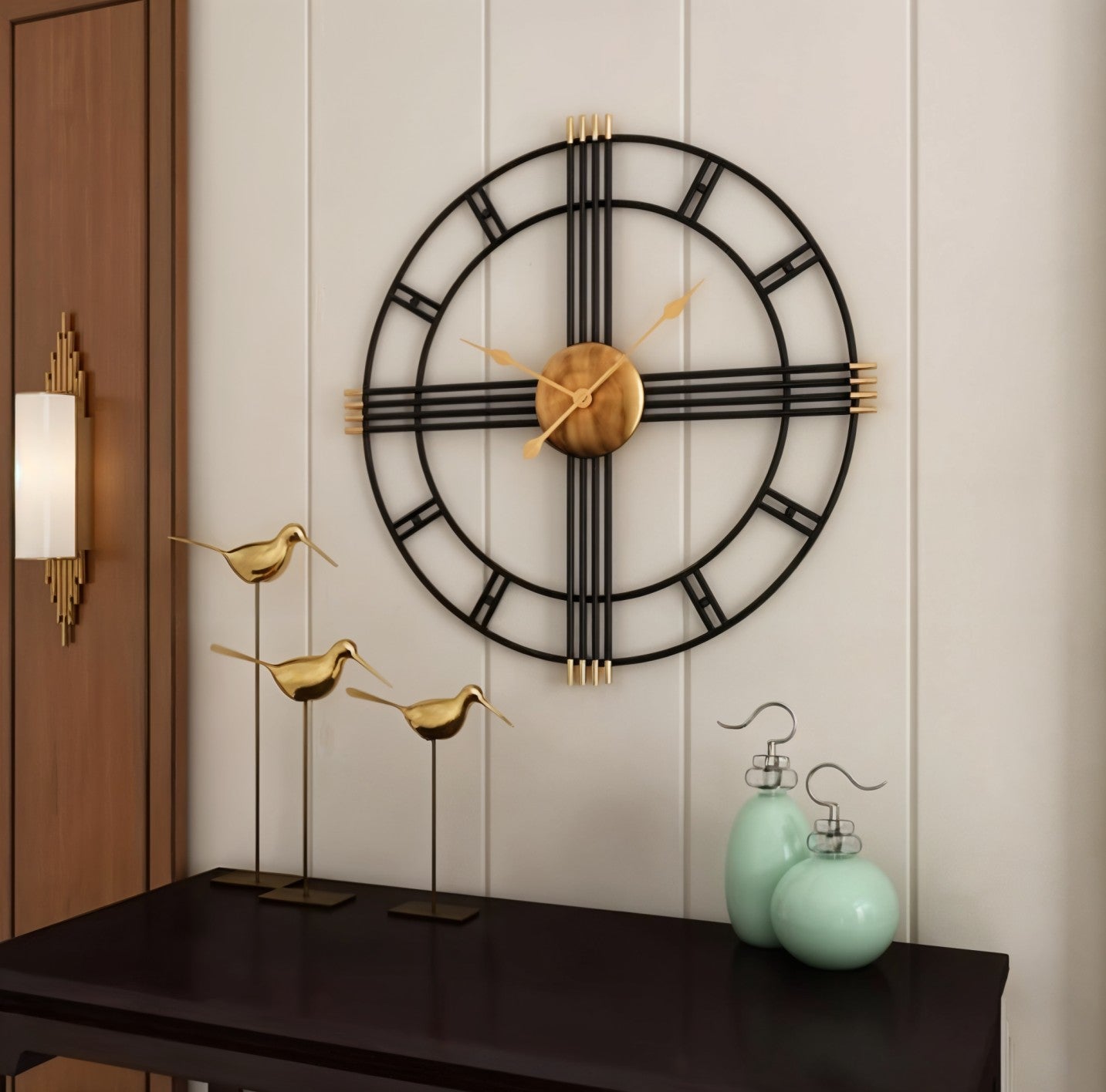 Modern Industrial Metal Wall Clock with Gold Accents