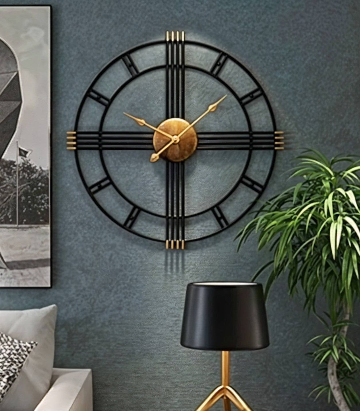 Modern Industrial Metal Wall Clock with Gold Accents