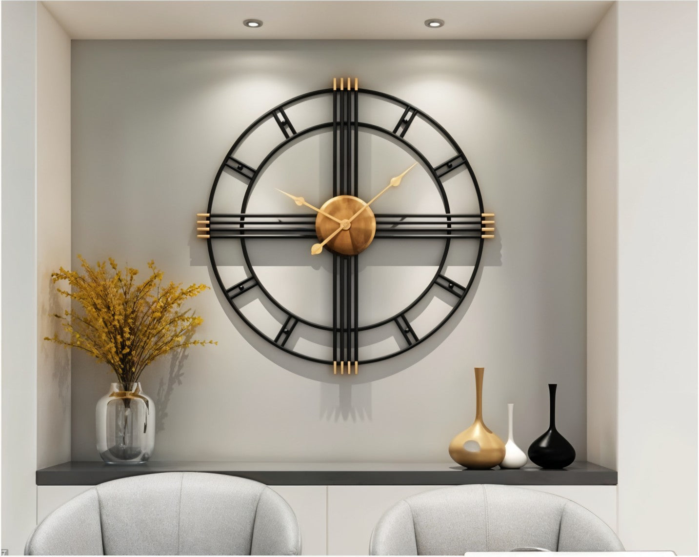 Modern Industrial Metal Wall Clock with Gold Accents
