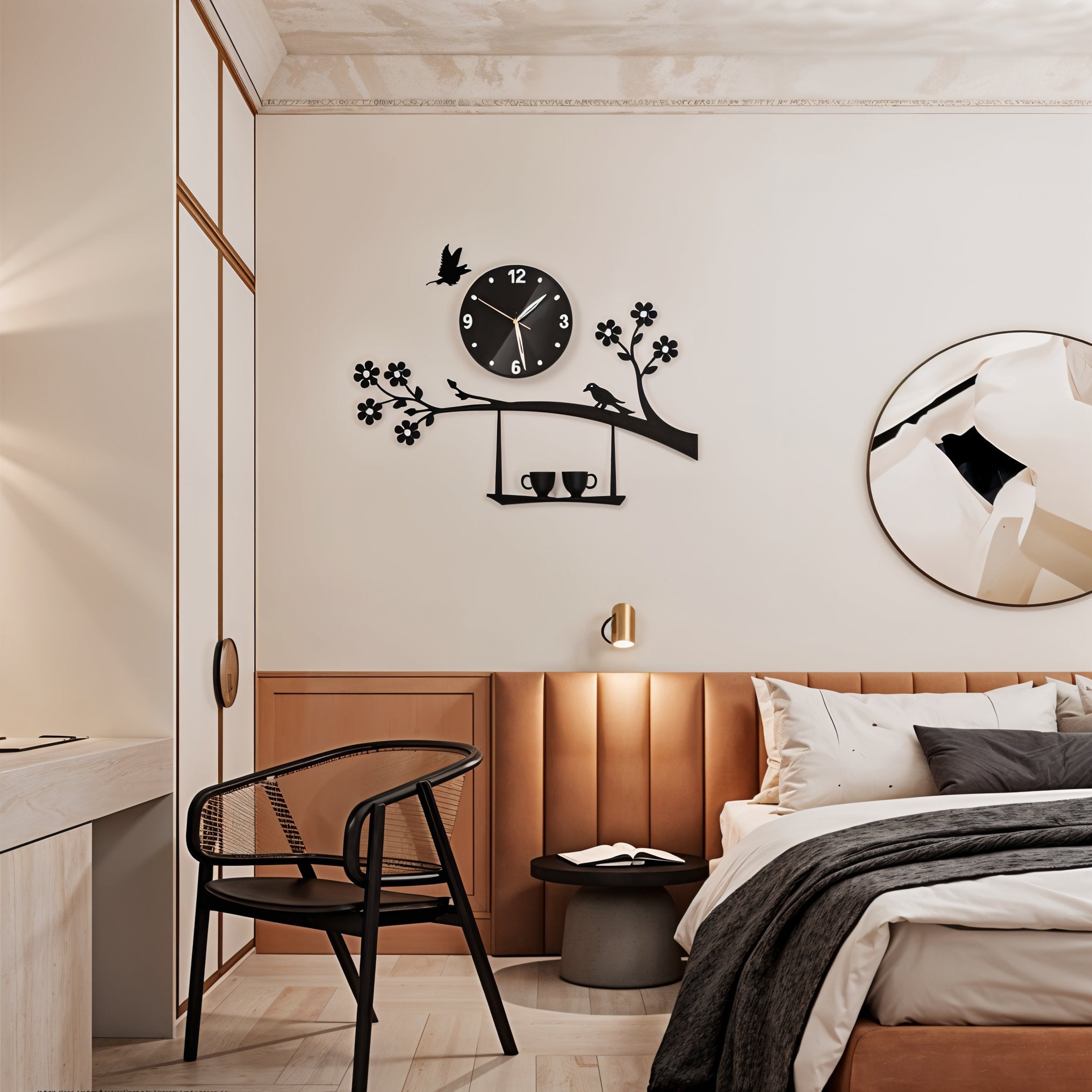 Birds & Blossoms Wall Clock with Cup Shelf Design