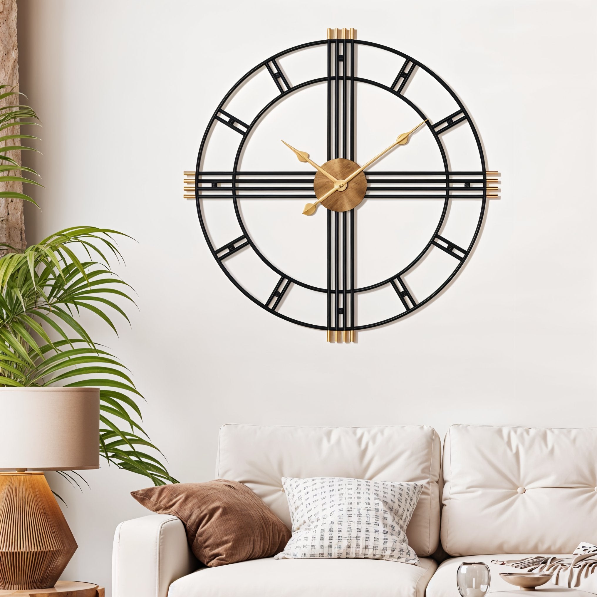 Modern Industrial Metal Wall Clock with Gold Accents