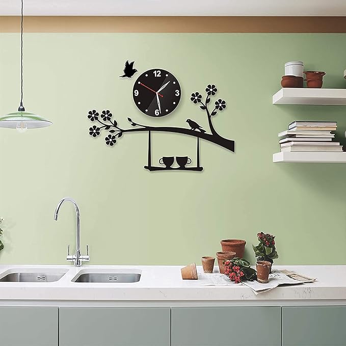 Birds & Blossoms Wall Clock with Cup Shelf Design