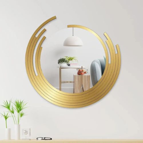 Half Moon Metal Mirror Asymmetric Golden Finish Wall Mirror, For Home