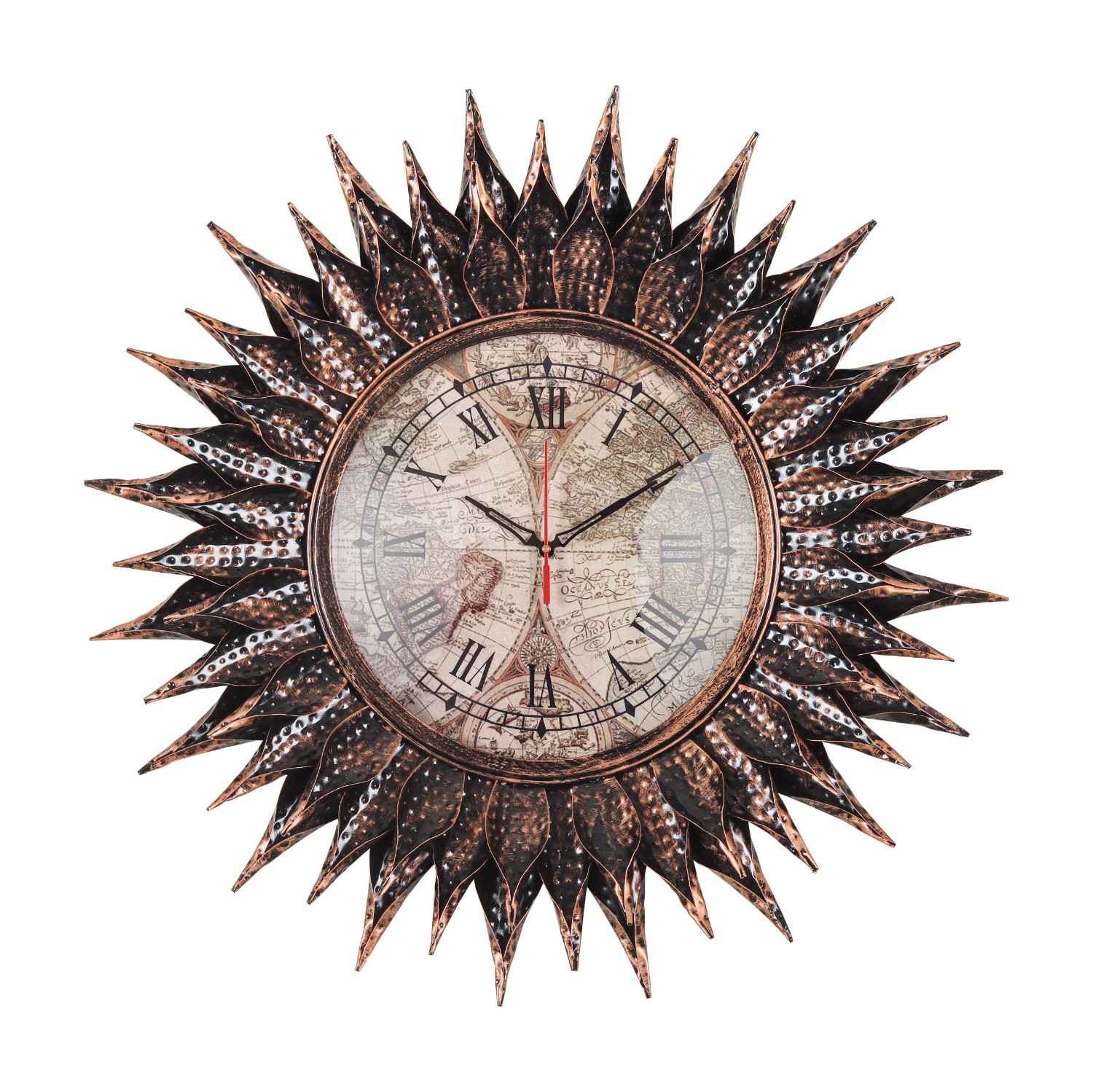 Vintage Sunburst Metal Wall Clock with Roman Numerals Design