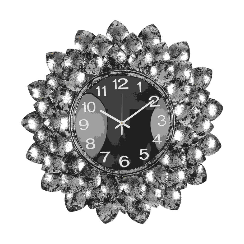 Luxury Black Silver Flower Wall Clock with Metallic Finish