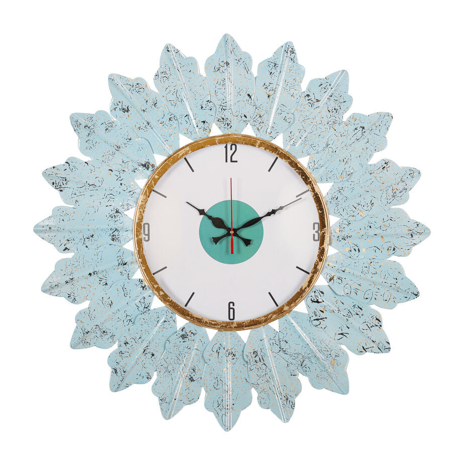Vintage Blue Leaf Wall Clock with Gold Accents & Modern Dial