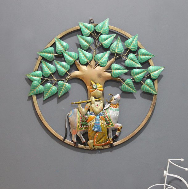Lord Krishna with Cow Metal Wall Art – Spiritual Tree of Life Design - Nestern