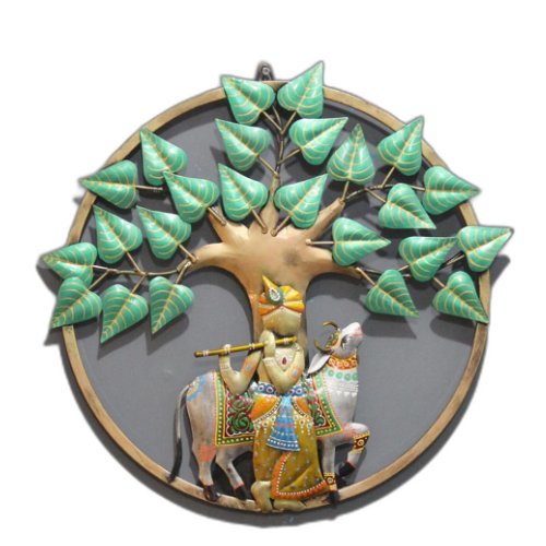 Lord Krishna with Cow Metal Wall Art – Spiritual Tree of Life Design - Nestern