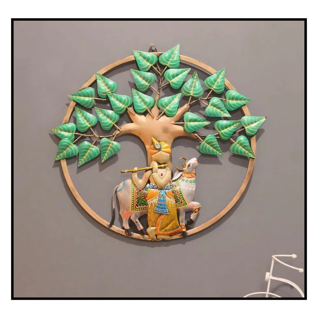 Lord Krishna with Cow Metal Wall Art – Spiritual Tree of Life Design - Nestern