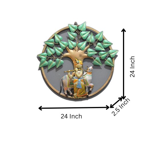 Lord Krishna with Cow Metal Wall Art – Spiritual Tree of Life Design - Nestern