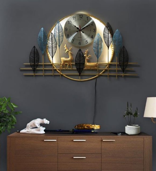 Modern Leaf and Deer Metal Wall Clock with LED Backlight – Contemporary Wall Decor - Nestern
