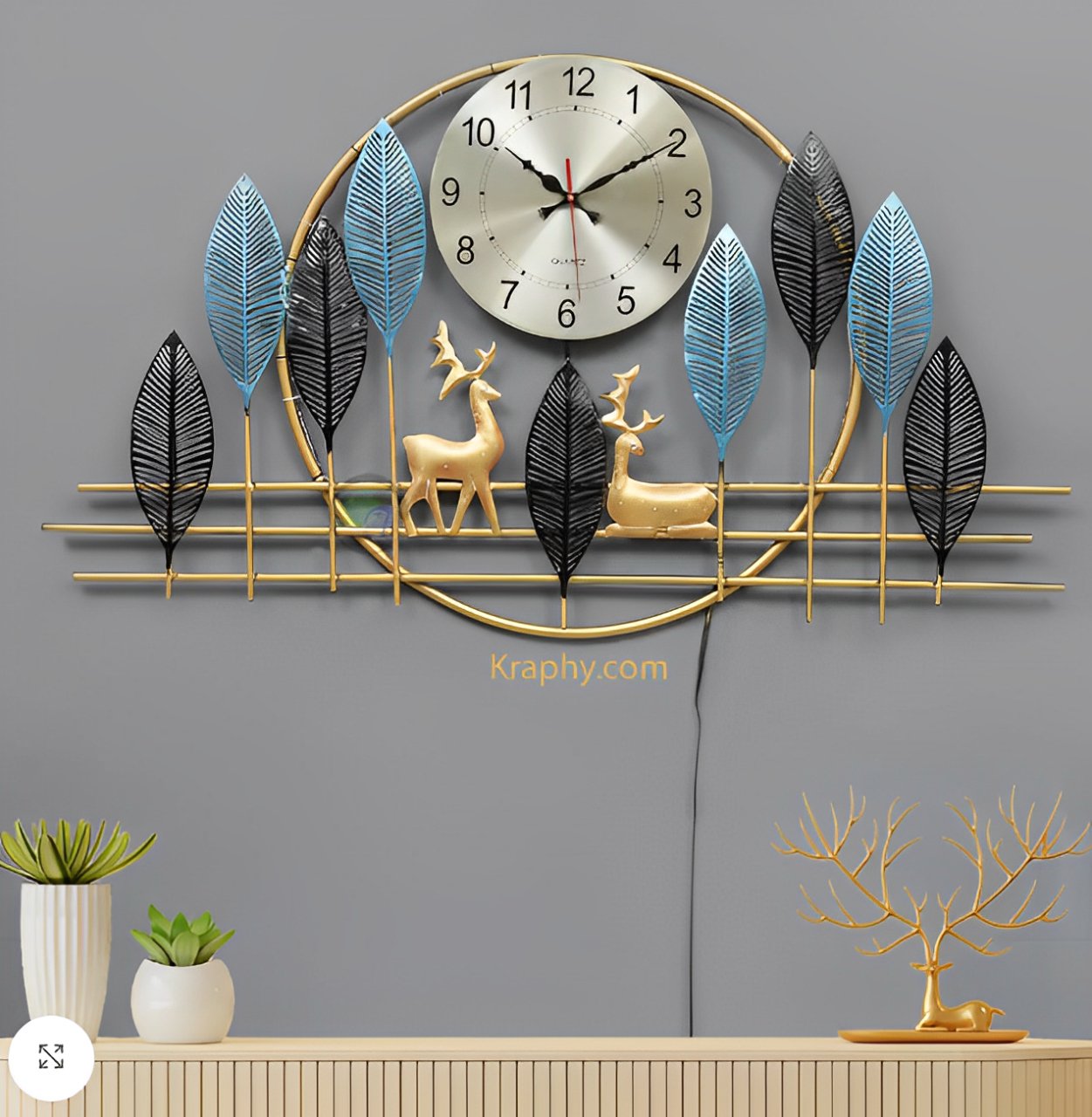 Modern Leaf and Deer Metal Wall Clock with LED Backlight – Contemporary Wall Decor - Nestern