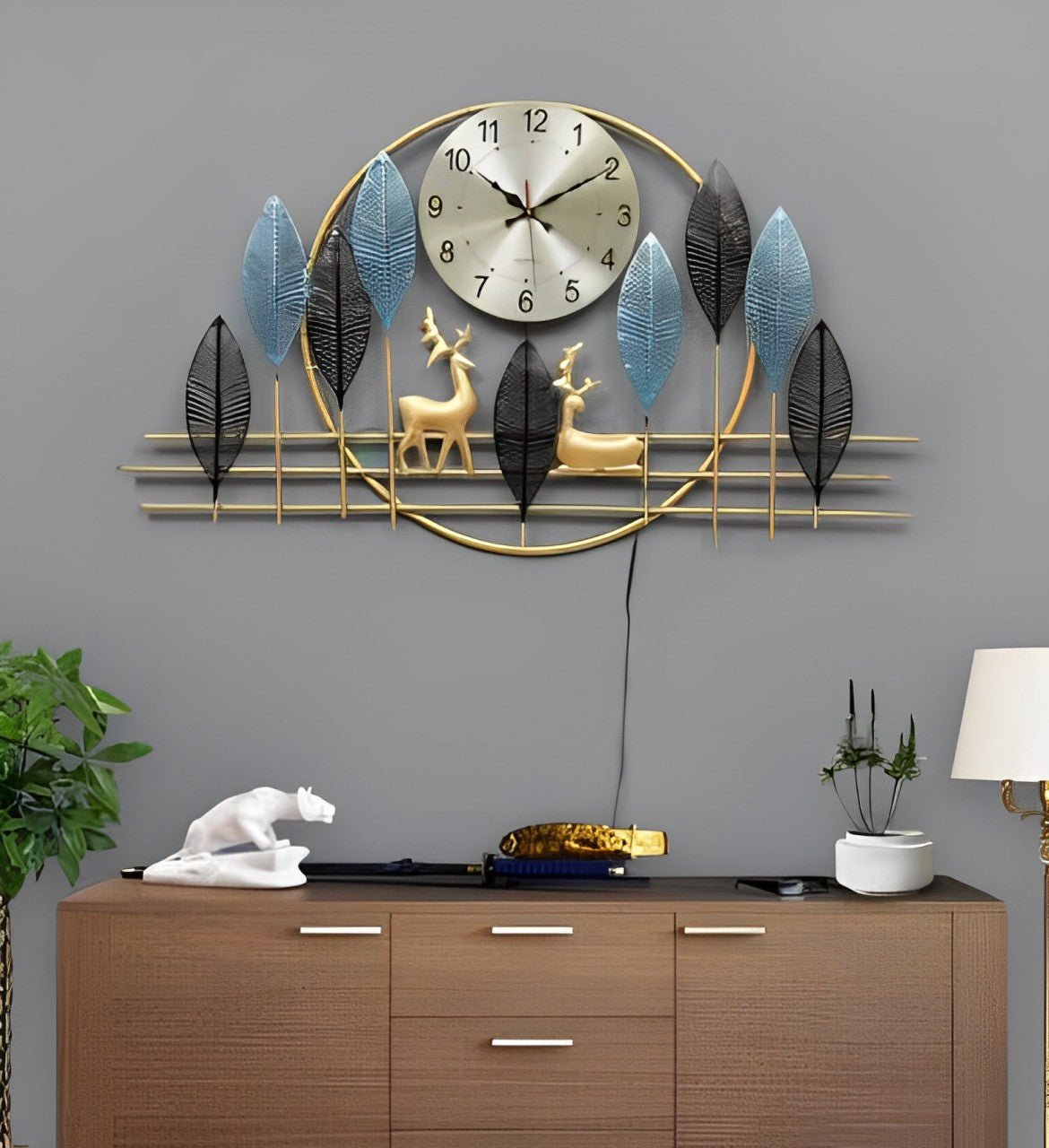 Modern Leaf and Deer Metal Wall Clock with LED Backlight – Contemporary Wall Decor - Nestern