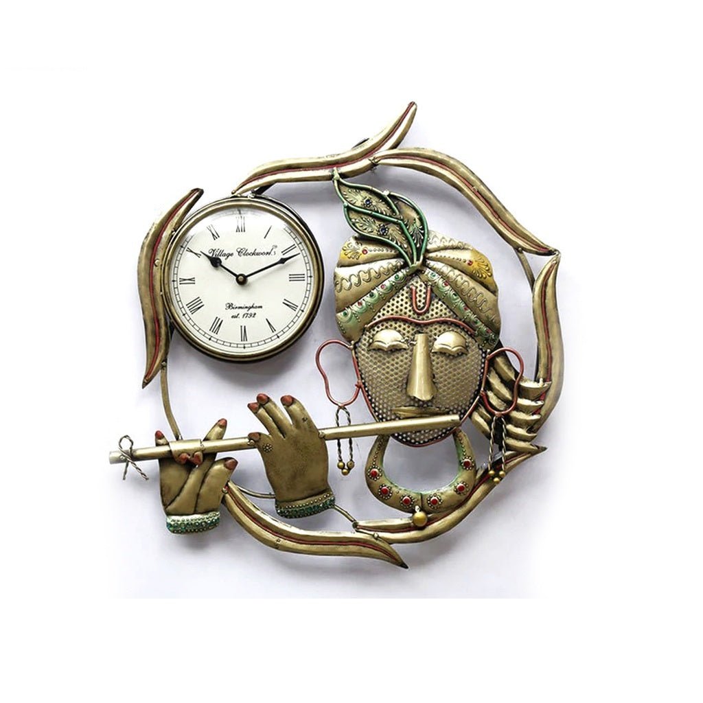 Musical Krishna Wall Clock – Artistic Metal Timepiece for Home Decor - Nestern